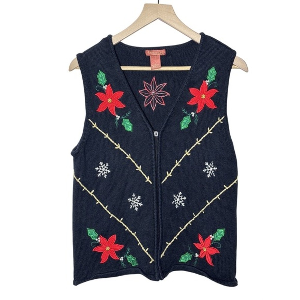 Traditions Christmas Sweater Vest Large Black Poinsettia Snowflake Zip Up‎